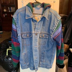 Jean jacket hoodie with fun fabric sleeves
